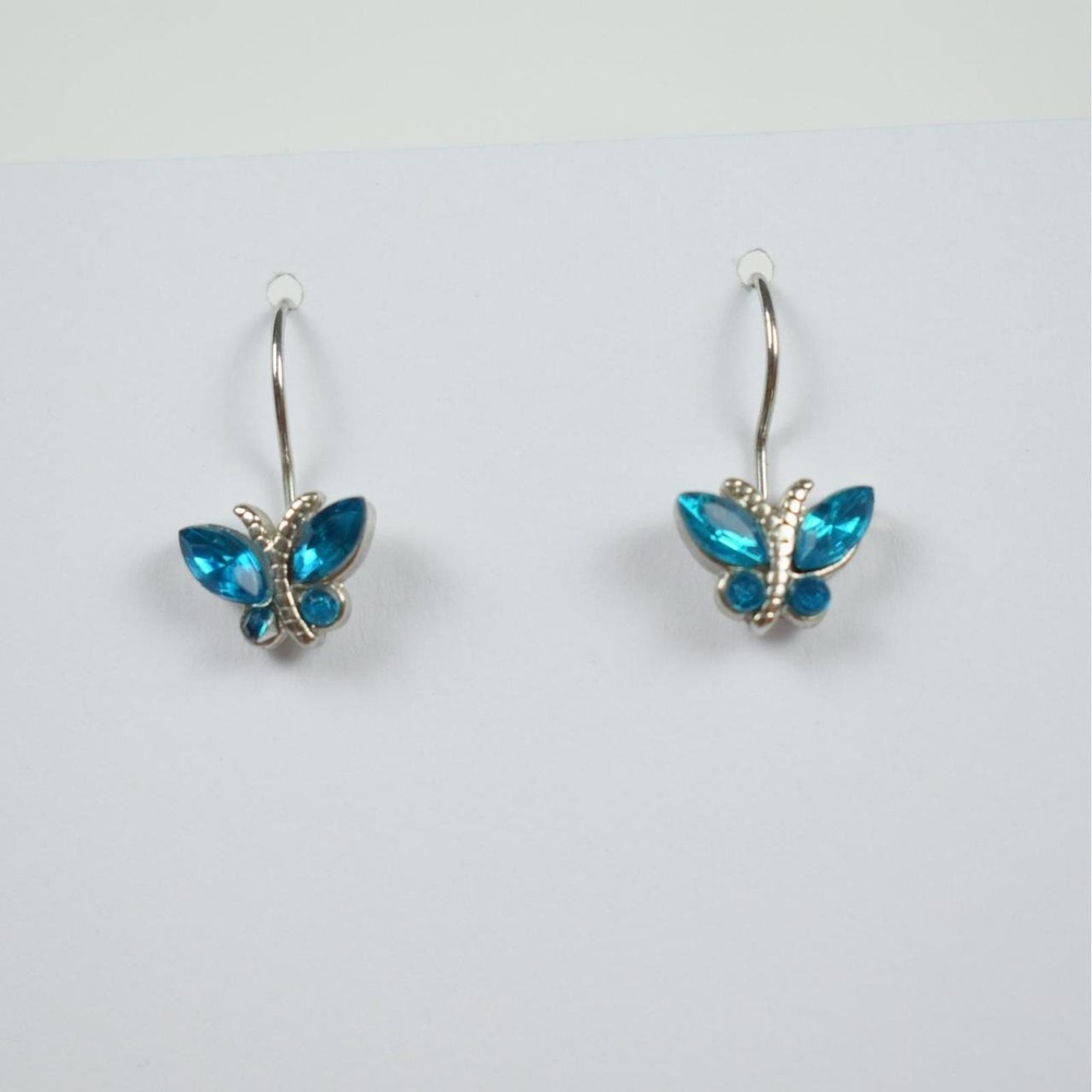 Butterfly Drop Earrings Teal Rhinestone Silver Tone Whimsical Y2K Fairycore